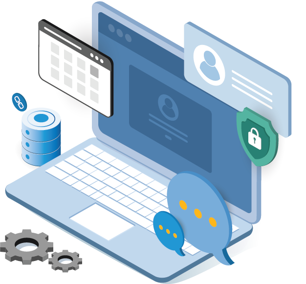 An illustration of a laptop with a sign-in screen and icons representing communication, security, learning tools, and linked files.